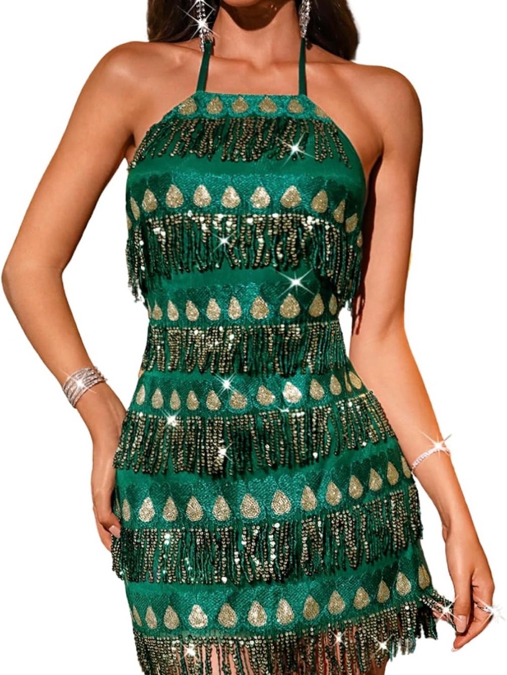Fringe sparkly halter sequin mini dress, backless